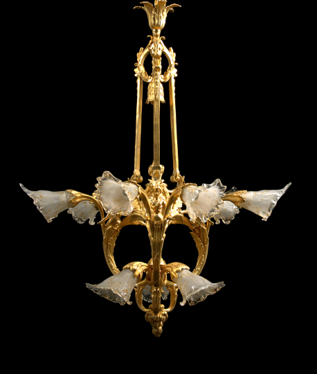 Appraisal: French Gilt-Brass and Gold-Spangled Frosted Glass Nine-Light Chandelier in the