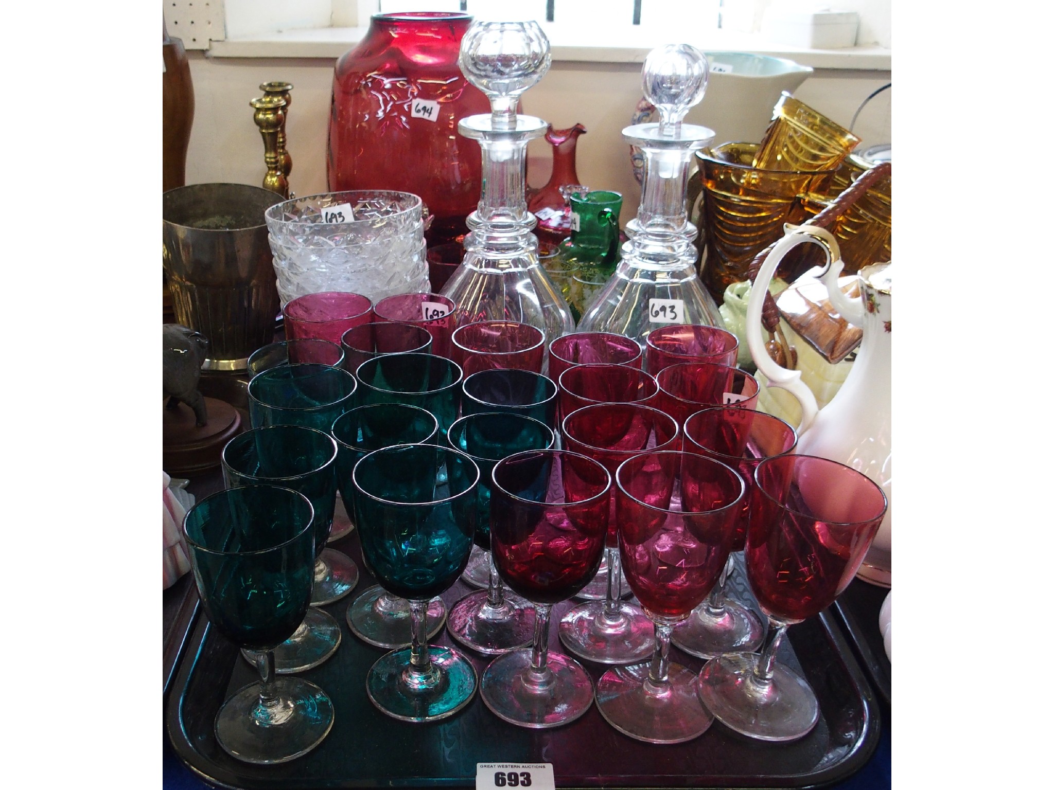 Appraisal: Tray comprising green and cranberry glass wine stems moulded glass