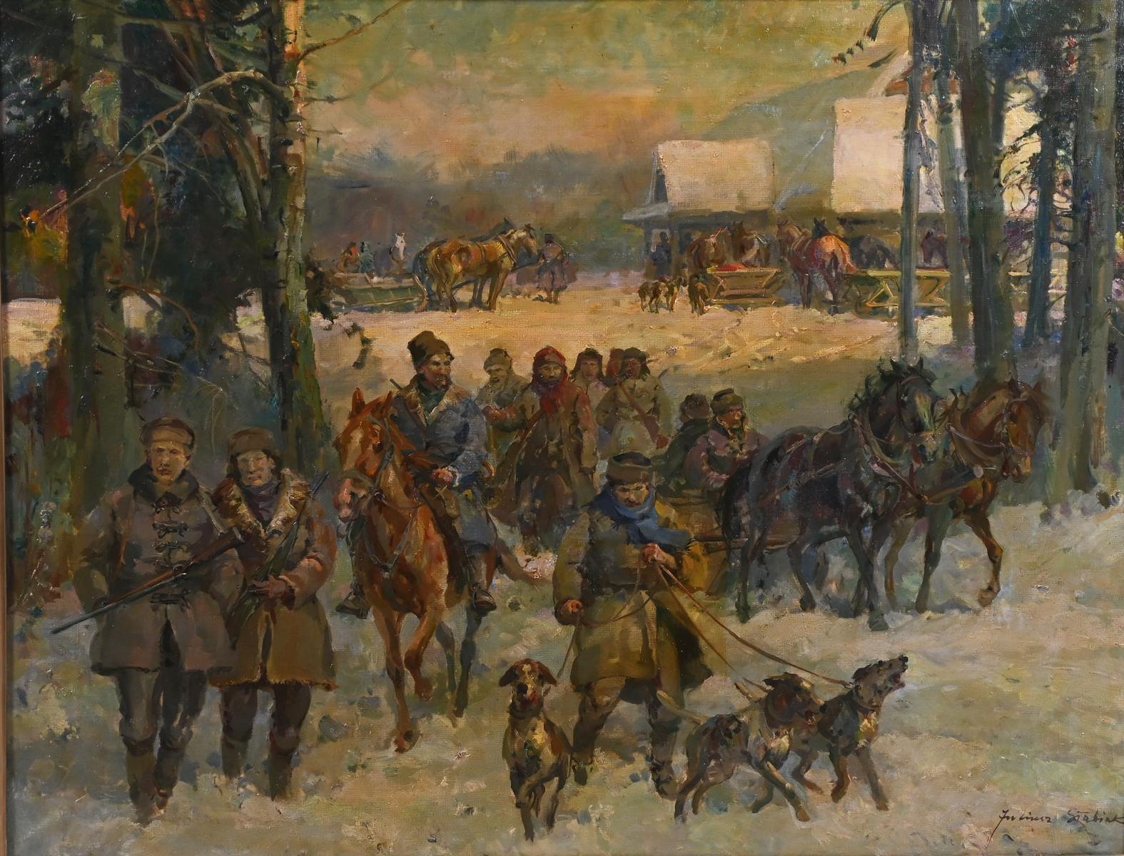 Appraisal: SLABIAK Julius Polish - Winter Genre Hunting Scene with Horse-Drawn