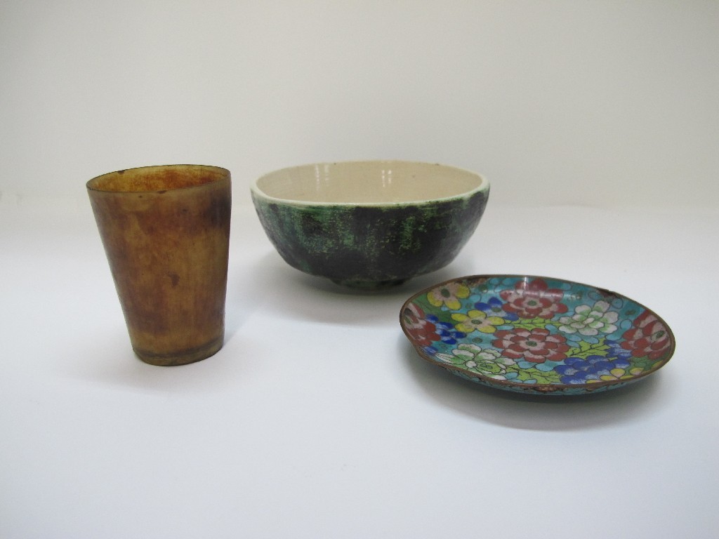 Appraisal: Horn cup Cloisonne dish and pottery bowl