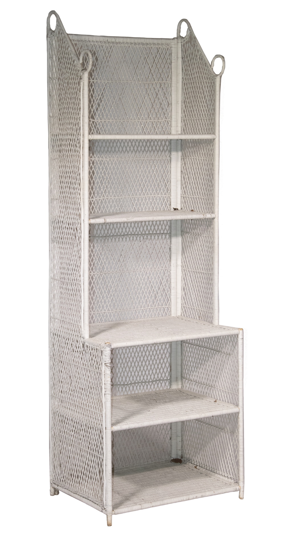 Appraisal: WICKER DISPLAY STAND Vintage White Painted Wicker Etagere Shelf or