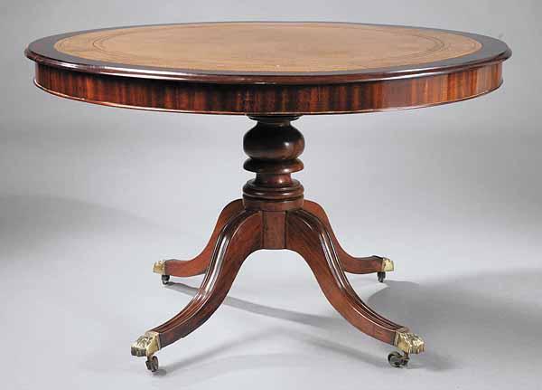 Appraisal: An Antique Regency-Style Mahogany Center Table the circular leather-lined top