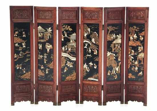 Appraisal: Diminutive Oriental six-part folding floor screen th century wood-framed hinged