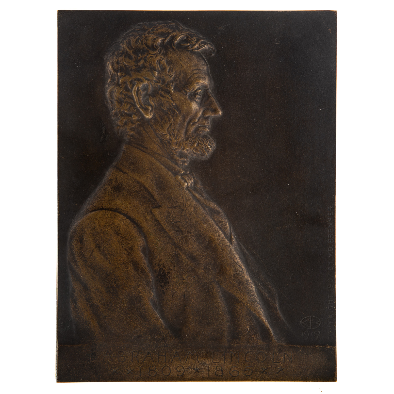 Appraisal: VICTOR BRENNER BRONZE LINCOLN PLAQUE American - Impressed Copy Right