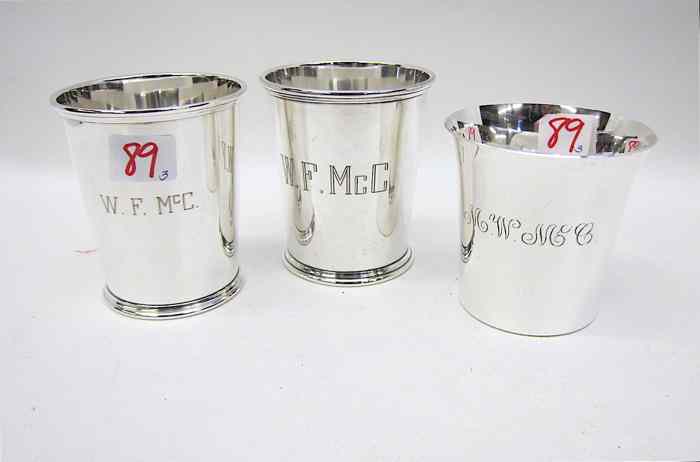 Appraisal: THREE AMERICAN STERLING MINT JULEP CUPS a pair S Kirk