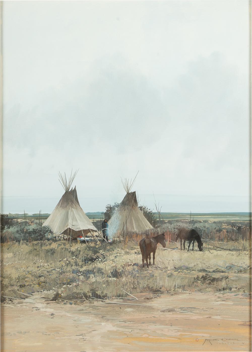 Appraisal: MICHAEL B COLEMAN B Cheyenne Camp gouache signed and dated