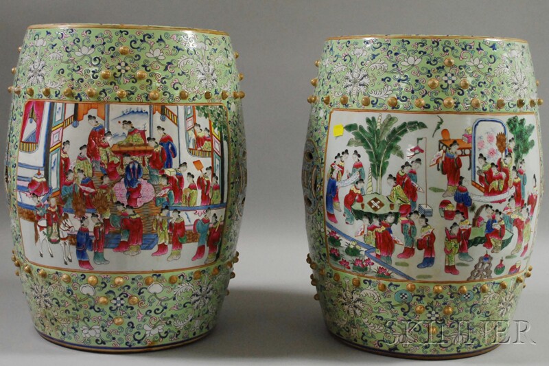 Appraisal: Pair of Chinese Export Famille Rose Pierced Porcelain Barrel-form Garden