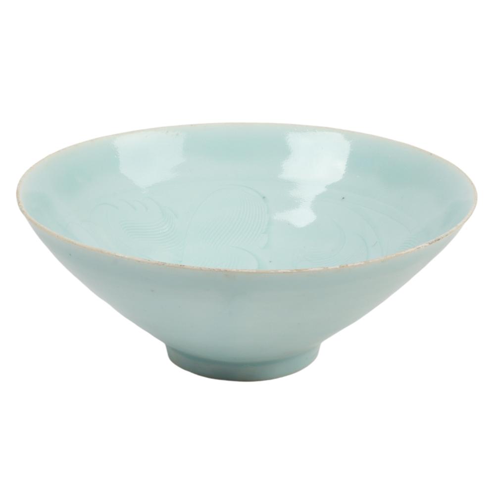 Appraisal: CHINESE YINGQING BLUE CELADON GLAZE POTTERY BOWL WITH INCISED PEONY