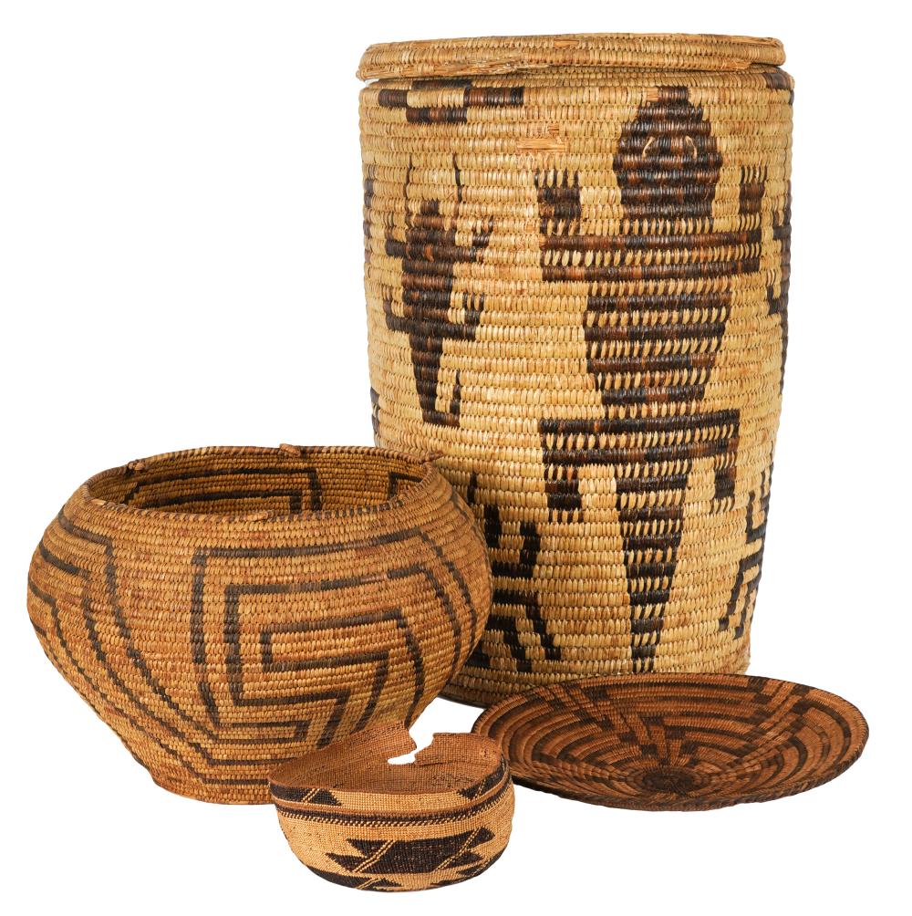 Appraisal: FOUR NATIVE AMERICAN COILED BASKETSthe first pictorial covered olla inches