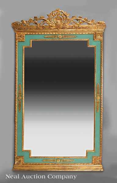 Appraisal: An Attractive Neoclassical-Style Carved and Gilded Turquoise-Blue Salon Mirror bronze