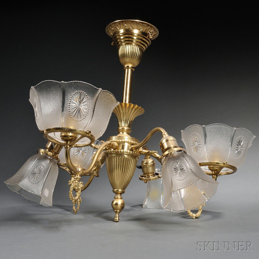 Appraisal: Brass Ship's Pendant Chandelier c the swan's neck six-arm chandelier