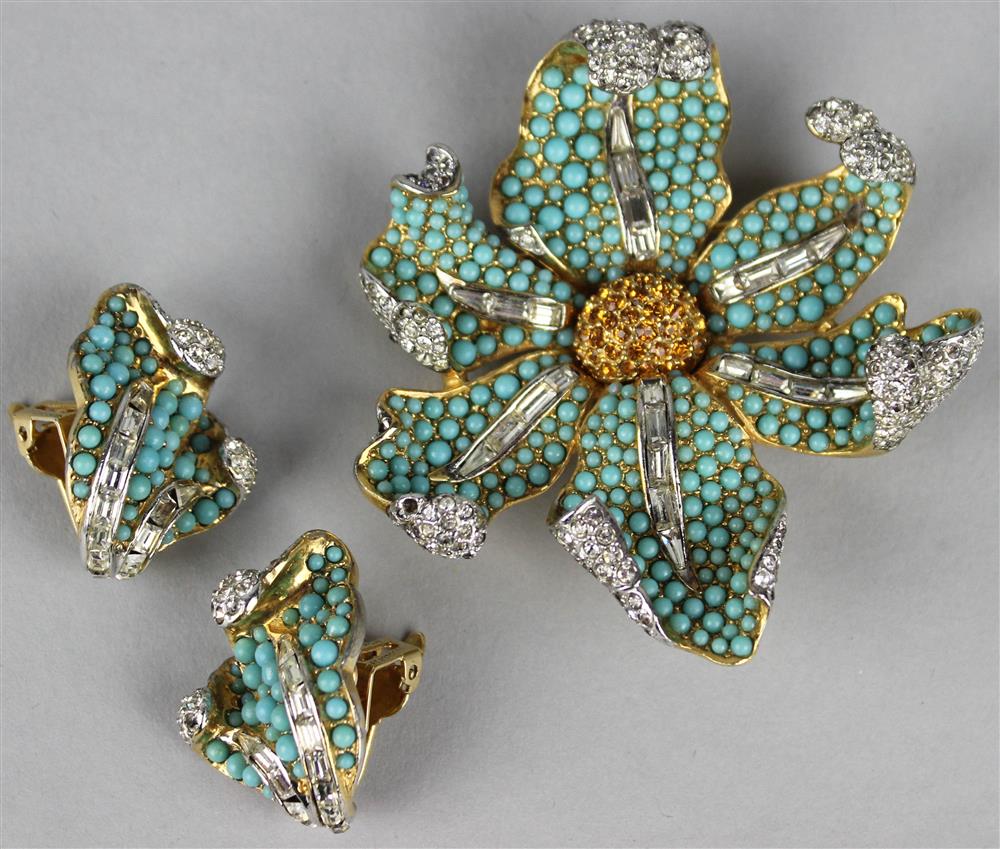 Appraisal: BOUCHER FLOWER PIN WITH TURQUOISE CABOCHONS AND MATCHING EARRING SET