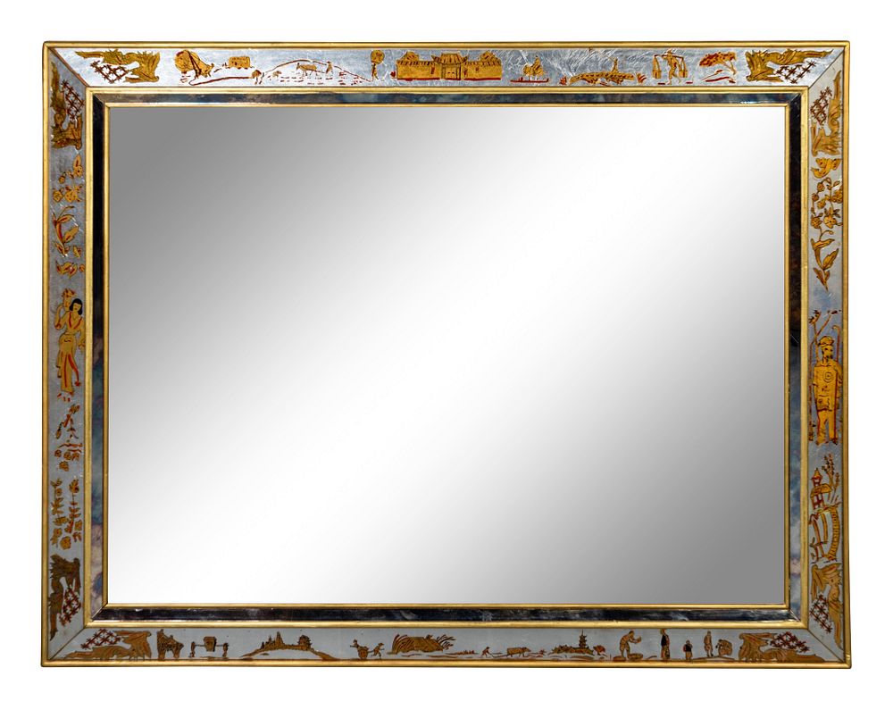 Appraisal: A Chinoiserie-Decorated Eglomise Mirror Height x length inches A Chinoiserie-Decorated