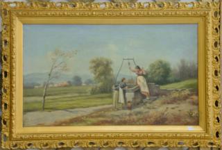 Appraisal: Two oil on canvas landscapes including two girls at a