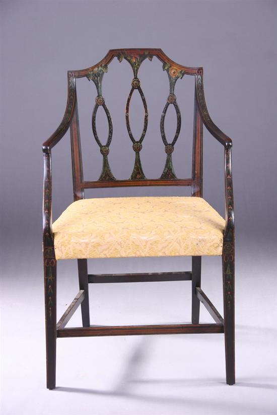 Appraisal: ENGLISH NEOCLASSICAL EBONIZED AND PAINTED OPEN ARMCHAIR Circa - Shield-back