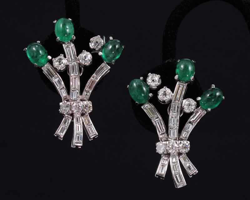 Appraisal: K GOLD EMERALD AND DIAMOND EAR CLIPS K white gold