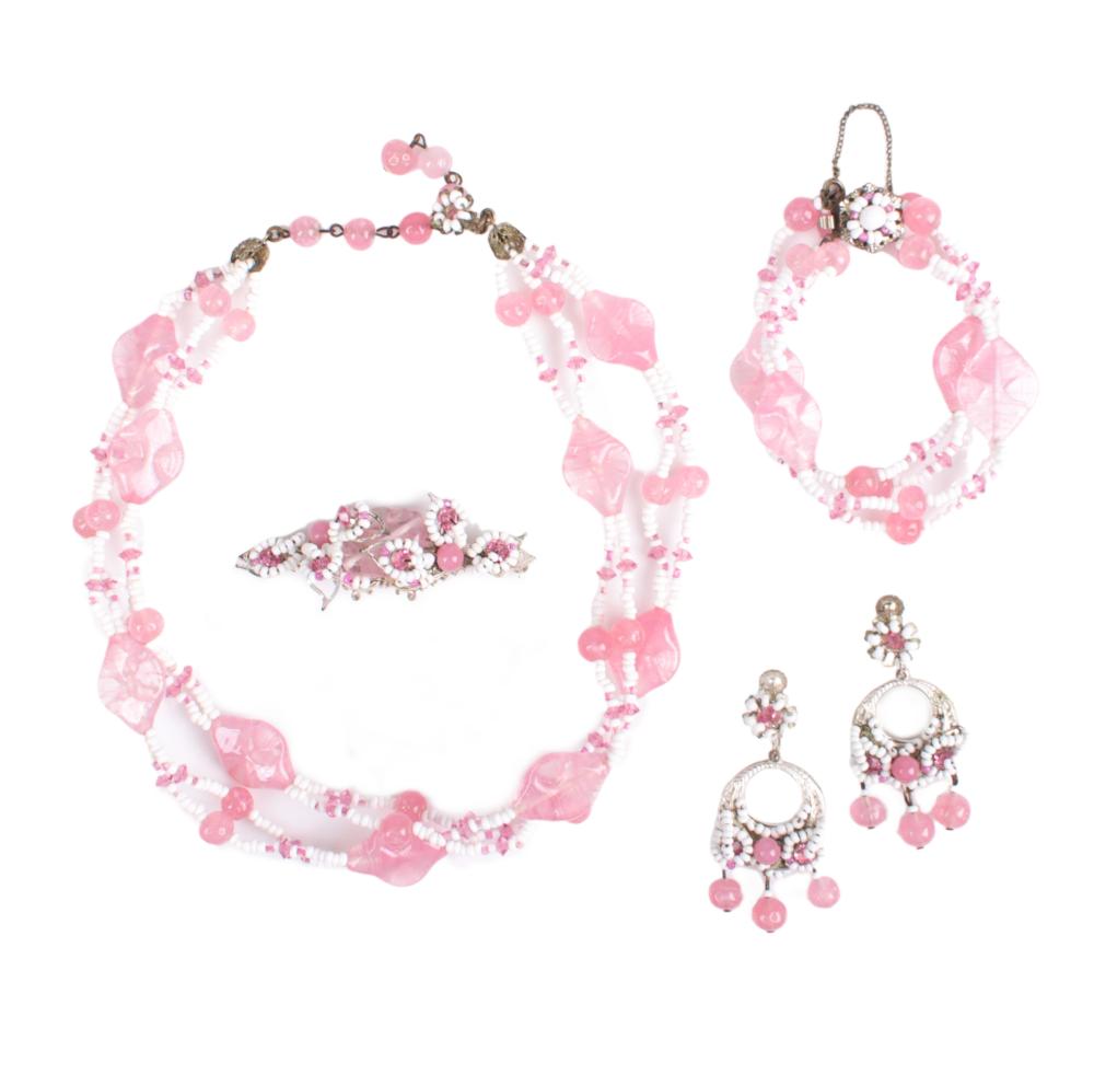 Appraisal: MIRIAM HASKELL PC PARURE WITH PINK MOLDED GLASS BEADS WHITE