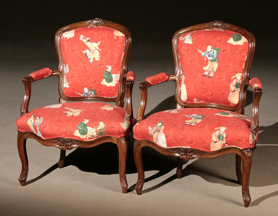 Appraisal: Pair of Louis XV Style Walnut Fauteuils en Cabriolet th