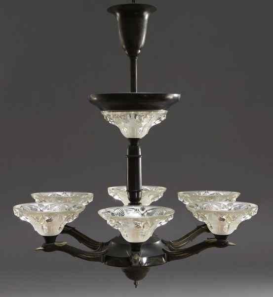 Appraisal: French Art Deco nine-light chandelier the six arms formed by