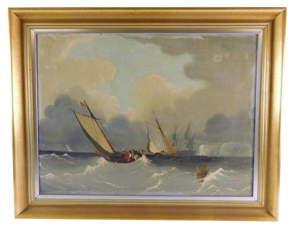 Appraisal: Oil on canvas seascape with two smaller boats in strong