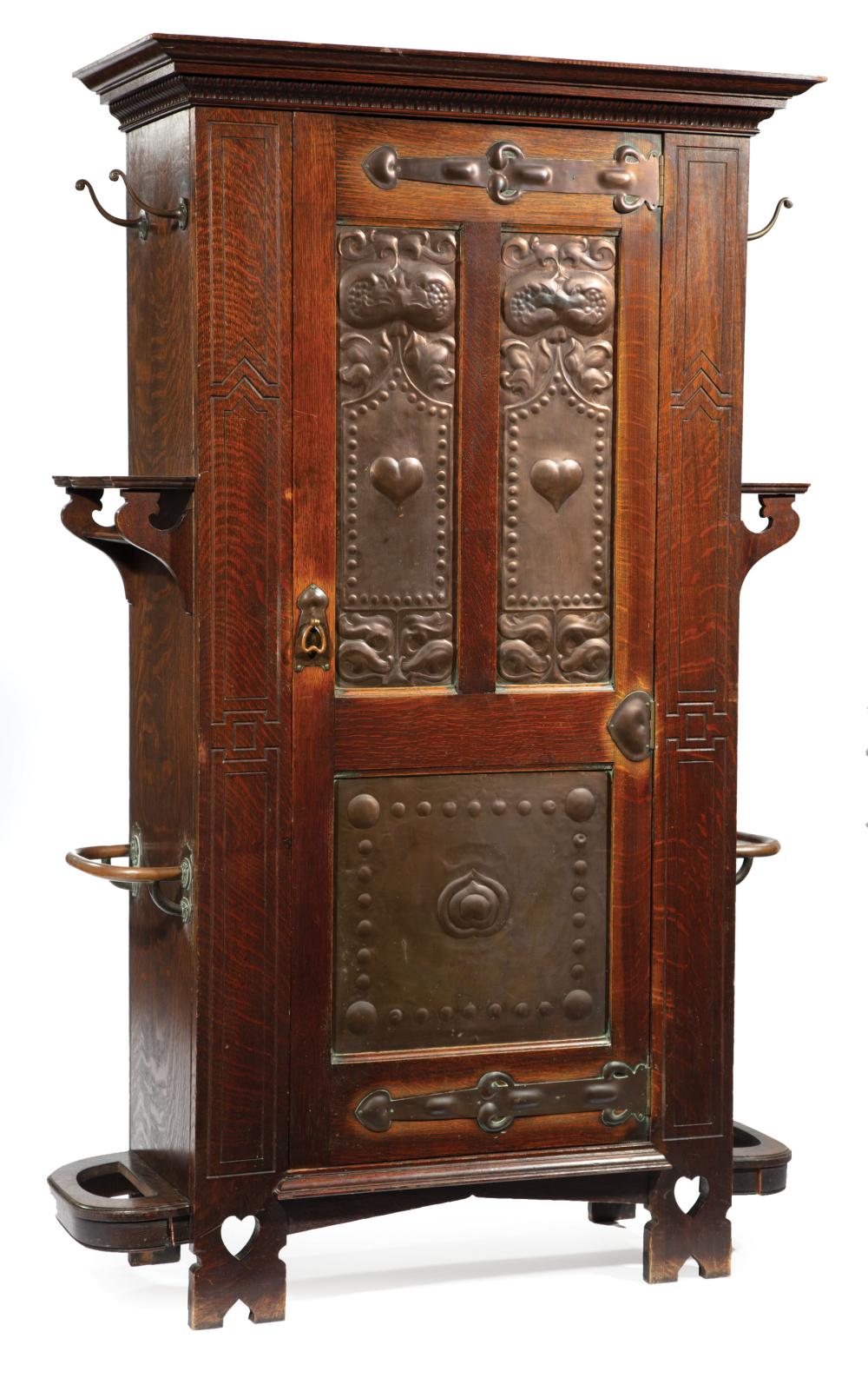 Appraisal: English Arts Crafts Chased Copper and Carved Oak Hall Cabinet