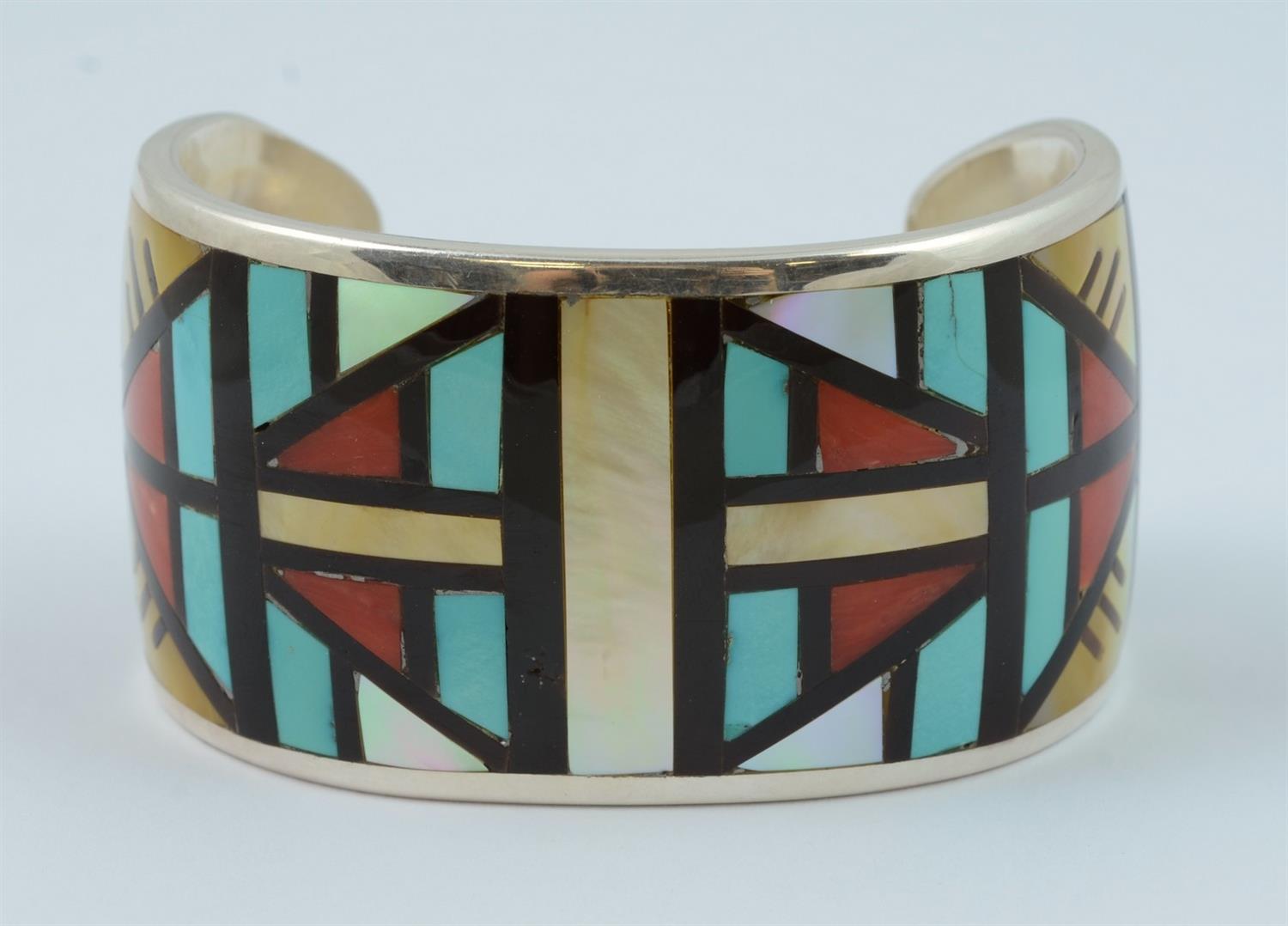 Appraisal: Helen Louie Waseta Zuni sterling silver cuff bracelet inlaid with