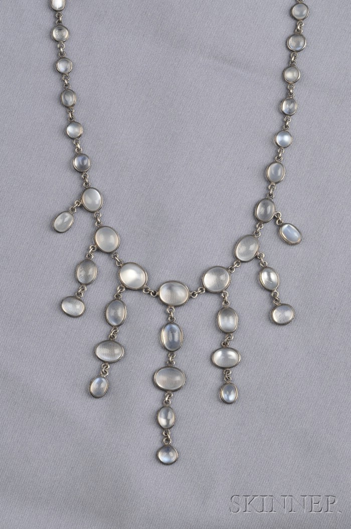 Appraisal: Moonstone Fringe Necklace composed of bezel-set cabochon moonstones silver mount