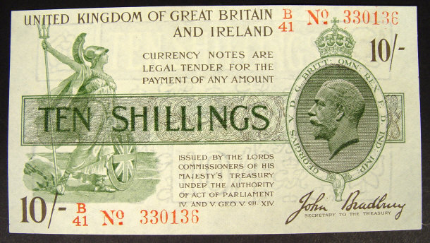 Appraisal: United Kingdom and Ireland ten shilling note signed John Bradbury