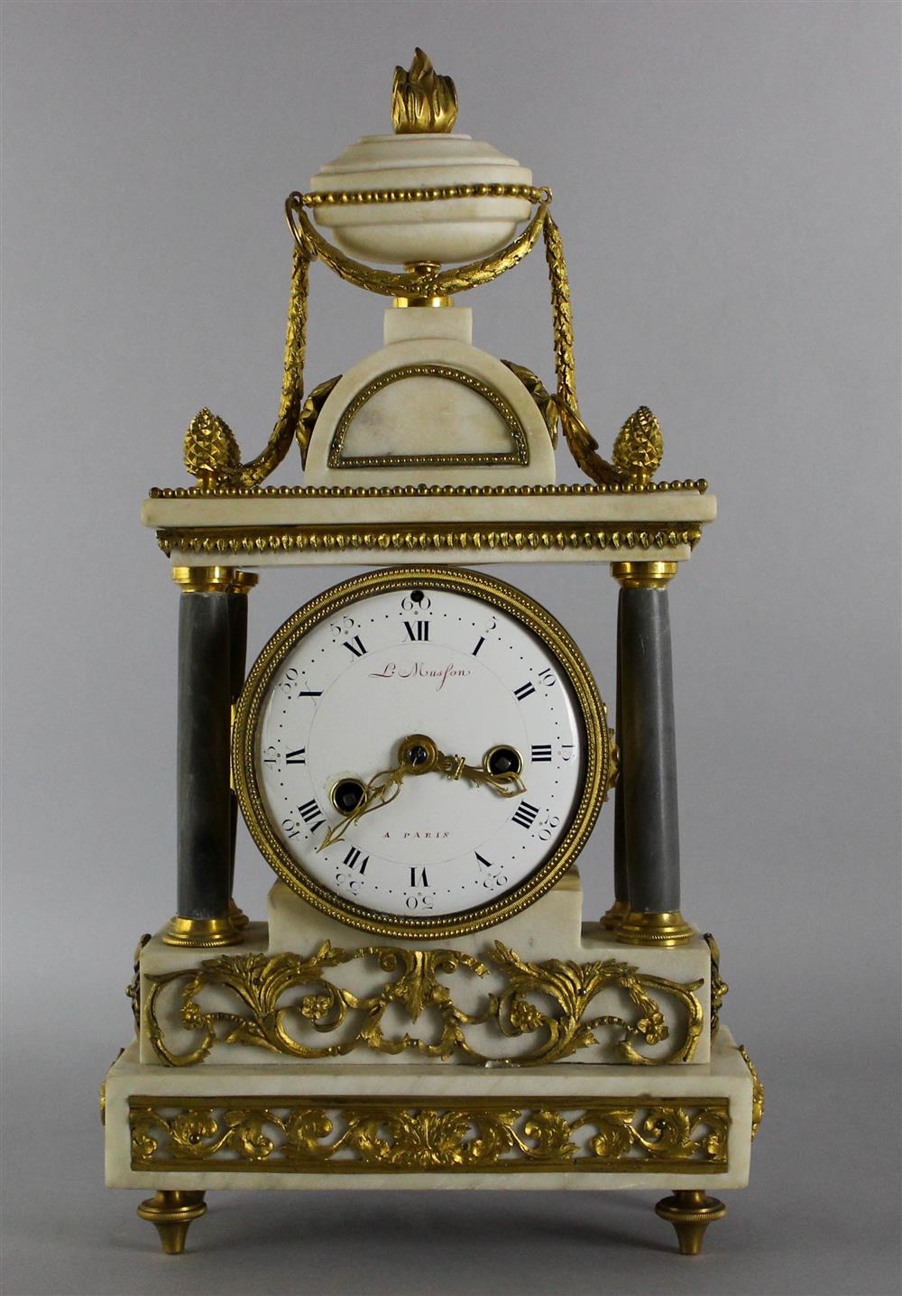 Appraisal: LOUIS XVI ORMOLU MOUNTED WHITE AND GRAY MARBLE MANTEL CLOCK