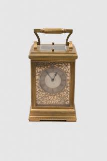 Appraisal: French Brass Carriage Clock FRENCH BRASS CARRIAGE CLOCKwith filigree case