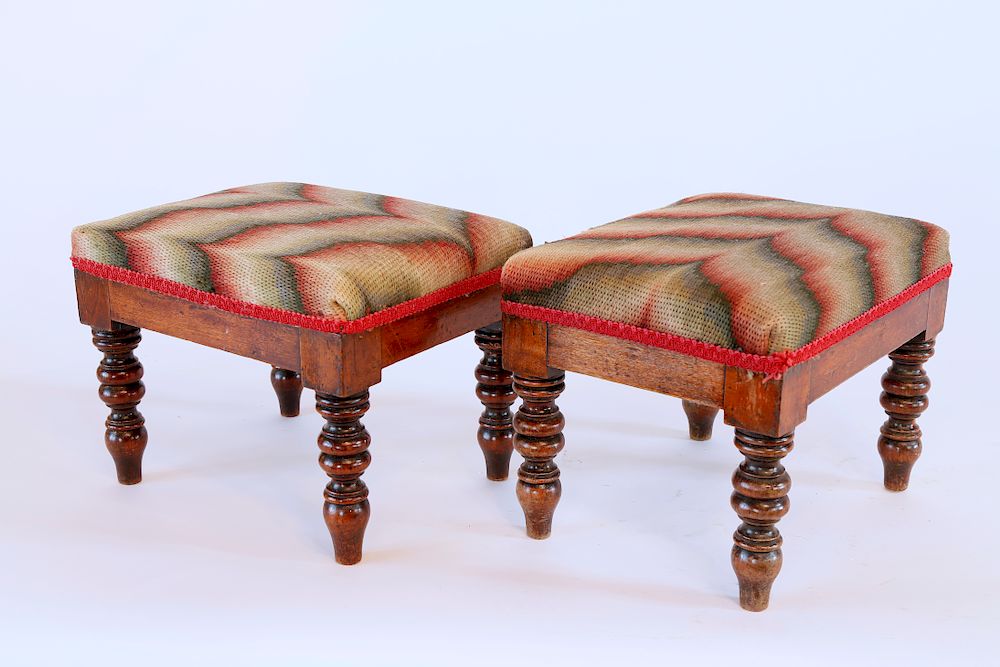 Appraisal: Pair of English Upholstered Flame Stitch Footstools Exclusive on Bidsquare