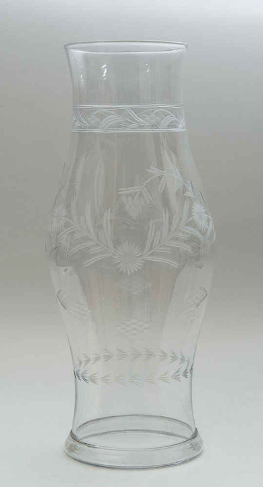 Appraisal: TALL ETCHED GLASS BALUSTER-SHAPED HURRICANE SHADE x in diam Collection