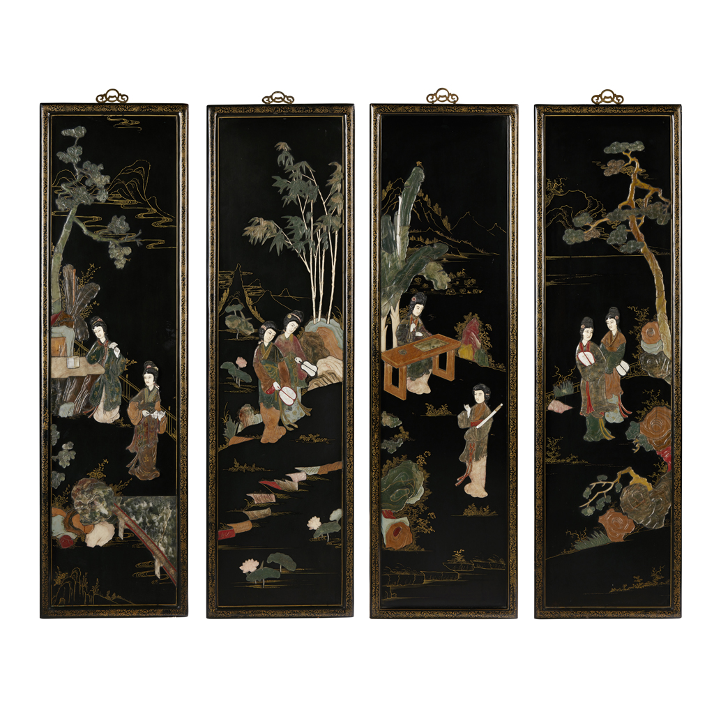 Appraisal: YSET OF FOUR HARDWOOD HANGING PANELS WITH HARDSTONE AND IVORY