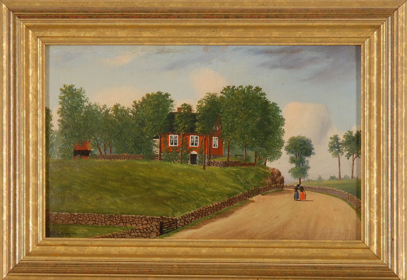 Appraisal: AMERICAN SCHOOL th CenturyPrimitive country landscape depicting two African-American figures