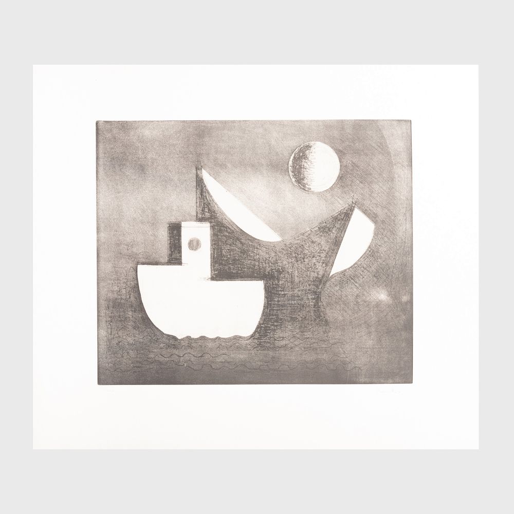 Appraisal: Paul Resika b Still Boats and Moon Etching and aquatint