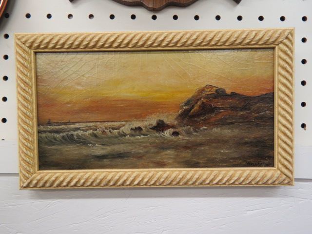 Appraisal: Victorian Oil Painting Rocky coastline with boats in the distance