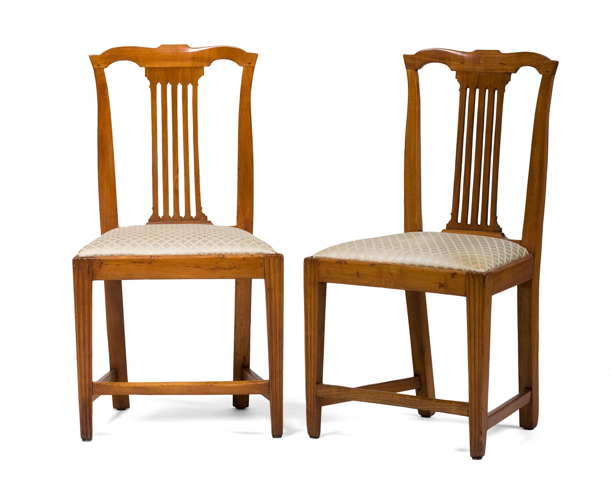 Appraisal: PAIR OF NEOCLASSICAL CARVED CHERRY SIDE CHAIRS WITH SLIP SEAT