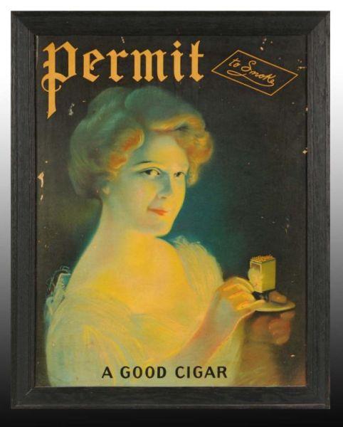 Appraisal: Cardboard Permit Cigar Sign Description Circa Framed without glass A