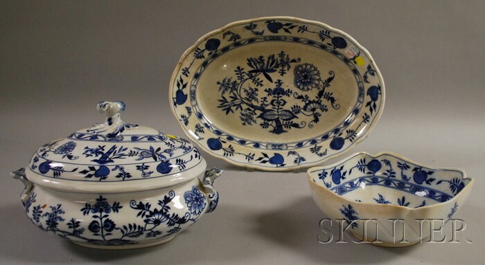 Appraisal: Three Pieces of English Blue Onion Pattern Ceramic Tableware a