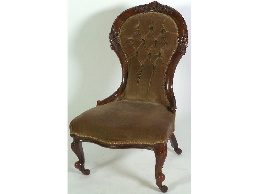 Appraisal: VICTORIAN CARVED WALNUT LADIES CHAIR the deep buttoned back with