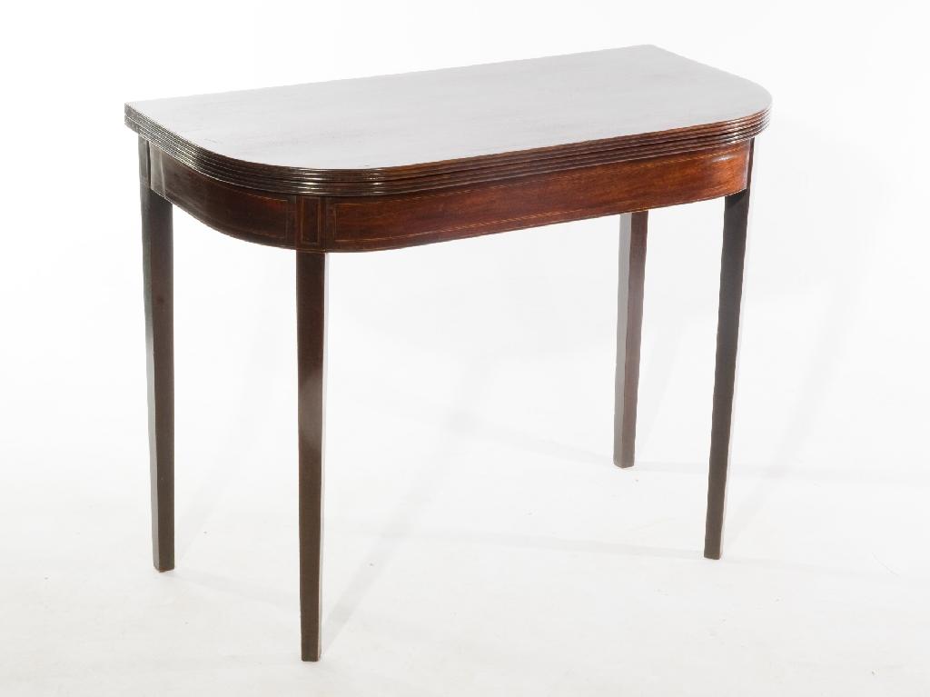 Appraisal: REGENCY MAHOGANY D-FORM FOLDOVER TEA TABLE the top with reeded