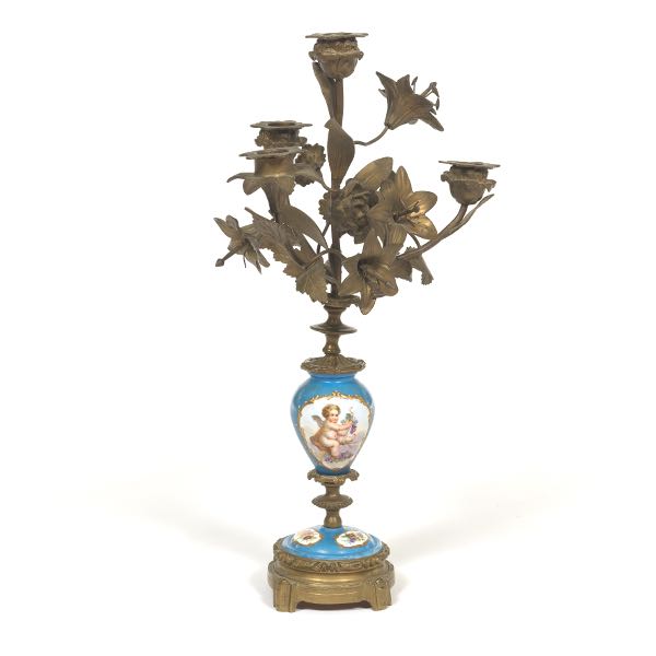 Appraisal: FRENCH SERVES STYLE PORCELAIN AND PATINATED BRASS FLORAL BOUQUET THREE-LIGHT