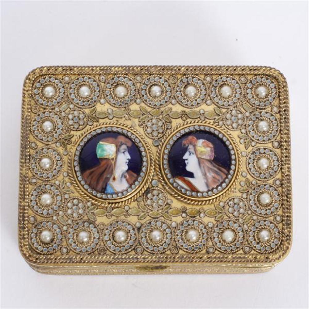 Appraisal: FRENCH LIMOGES ENAMEL DOUBLE PORTRAIT AND PEARL ORMOLU FILIGREE JEWELRY