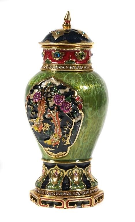 Appraisal: Jay Strongwater Chinese dragon and bird enamel vase box measuring