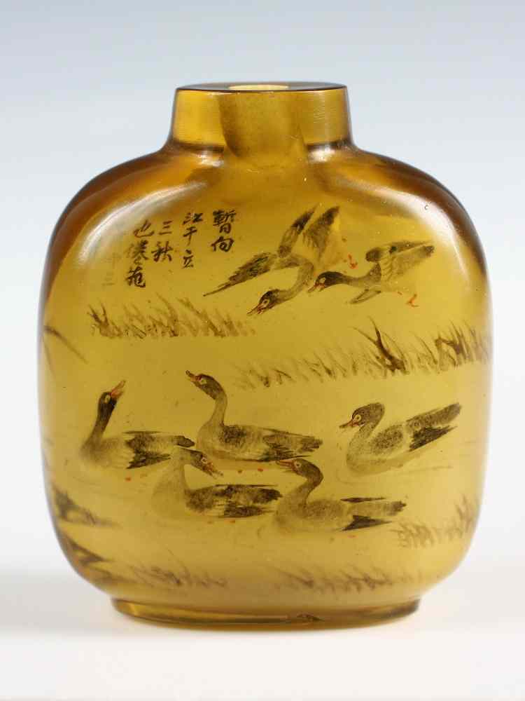 Appraisal: CHINESE PAINTED SNUFF BOTTLE - Chinese Amber Glass Snuff Bottle