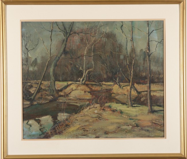 Appraisal: Winter landscape with creek oil on canvas x SLR Baum