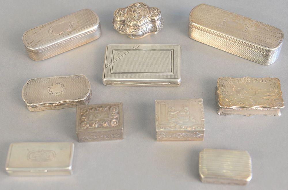 Appraisal: Ten small silver boxes to include snuff pill and tobacco