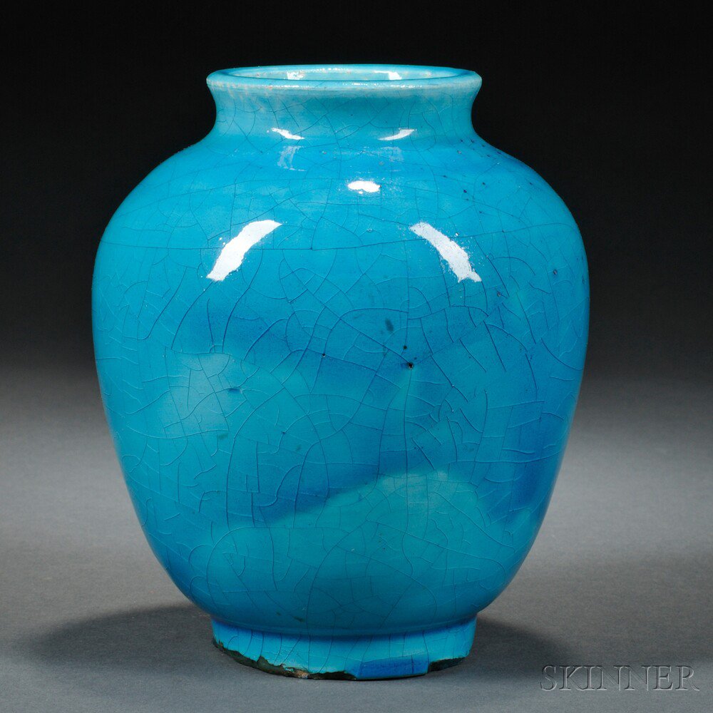 Appraisal: Lachenal Turquoise Glazed Earthenware Vase France c irregular crackled translucent