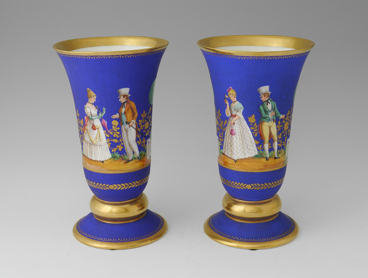 Appraisal: PAIR PAINTED DRESDEN BLUE VASES Vases with painted outdoor scenes