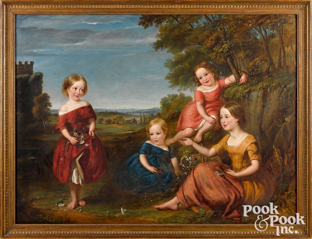 Appraisal: English oil on canvas portrait of four children English oil